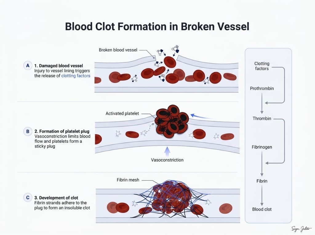 Microscope illustration of fibrin strands forming a clot