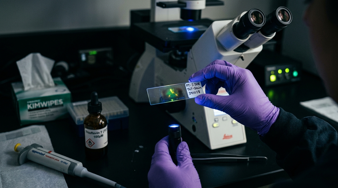 Clinical researcher examining a capillary blood slide under blue light excitation showing Thioflavin T fluorescence