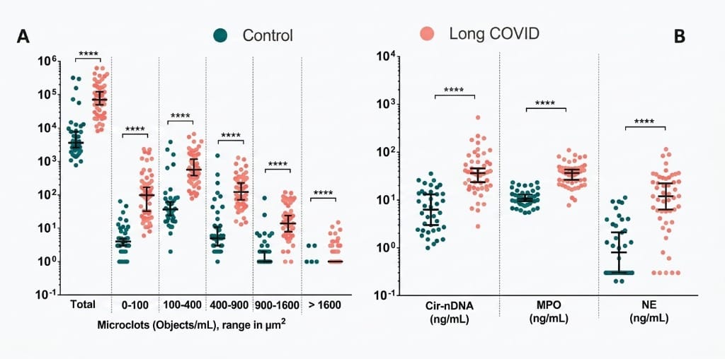 Chart comparing microclot counts and NET marker levels in Long COVID patients and healthy controls