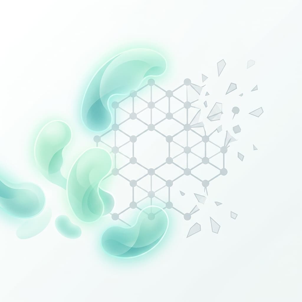 Illustration of green enzyme shapes breaking apart a lattice structure into fragments
