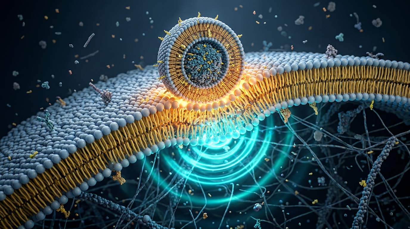 3D medical illustration of a lipid nanoparticle interacting with a cellular phospholipid bilayer, disrupting membrane signaling