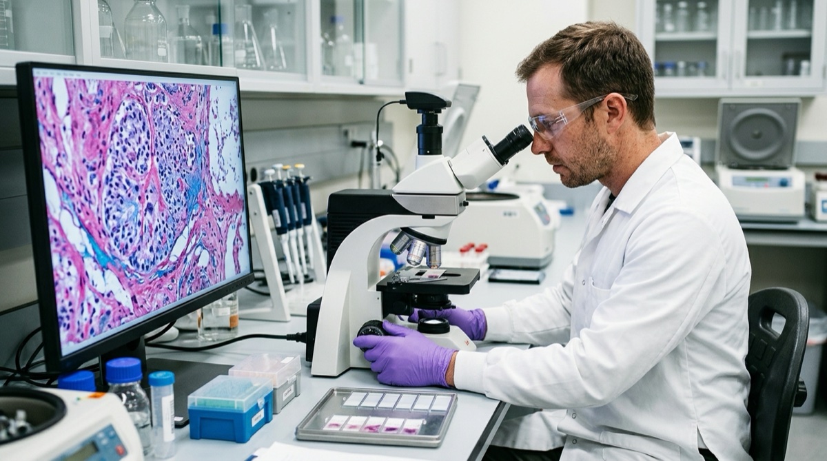 Kaukasischer Zellpathologe, der Gewebepathologie und Schaumzell-Objektträger unter einem Forschungsmikroskop untersucht