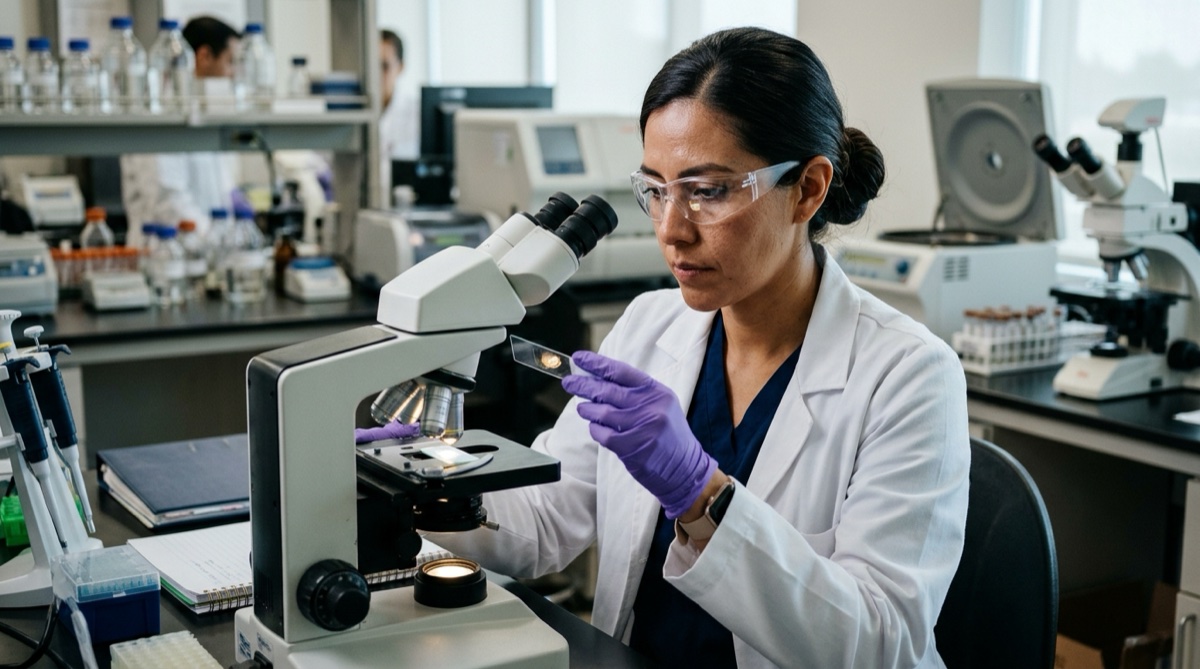 Mexikanische klinische Laborwissenschaftlerin bei der Untersuchung von Glasobjektträgern an einem hämatologischen Diagnosearbeitsplatz
