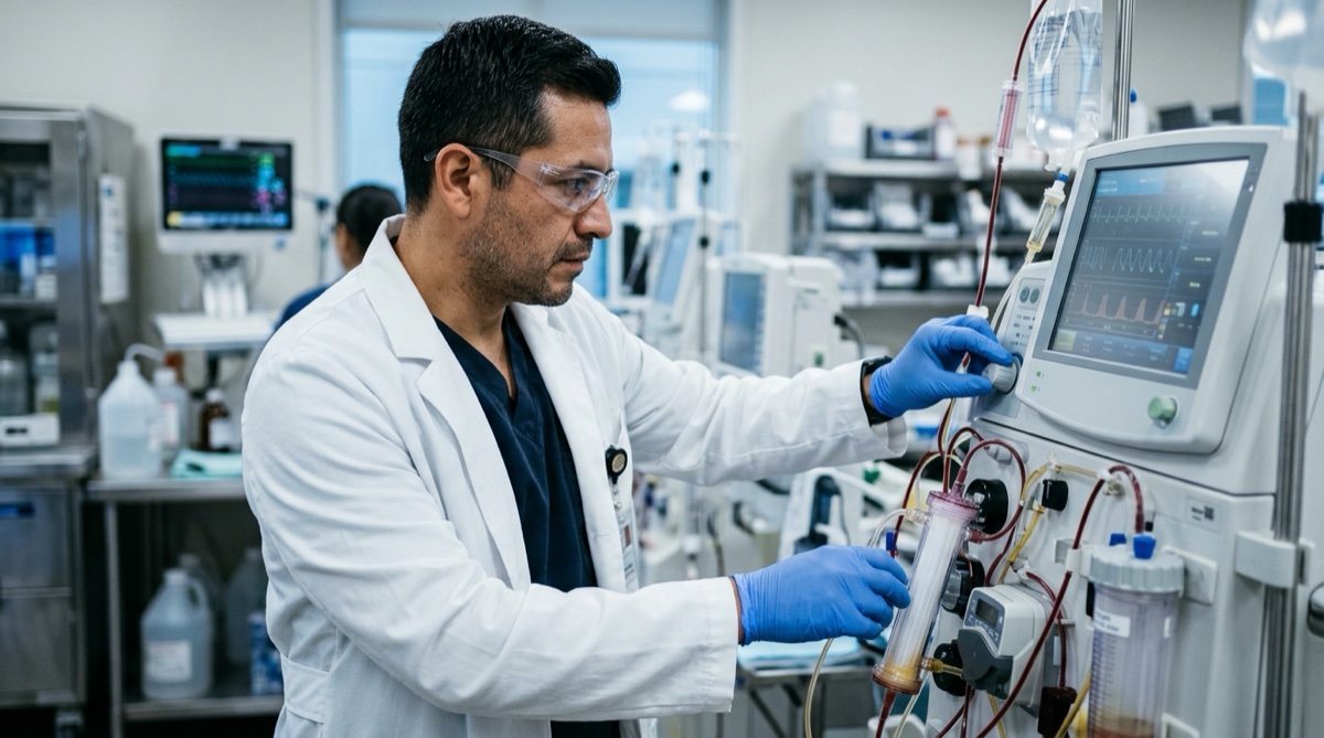 Mexikanischer klinischer Wissenschaftler, der in einem spezialisierten Labor ein therapeutisches Plasmapherese- und Blutfiltrationssystem bedient