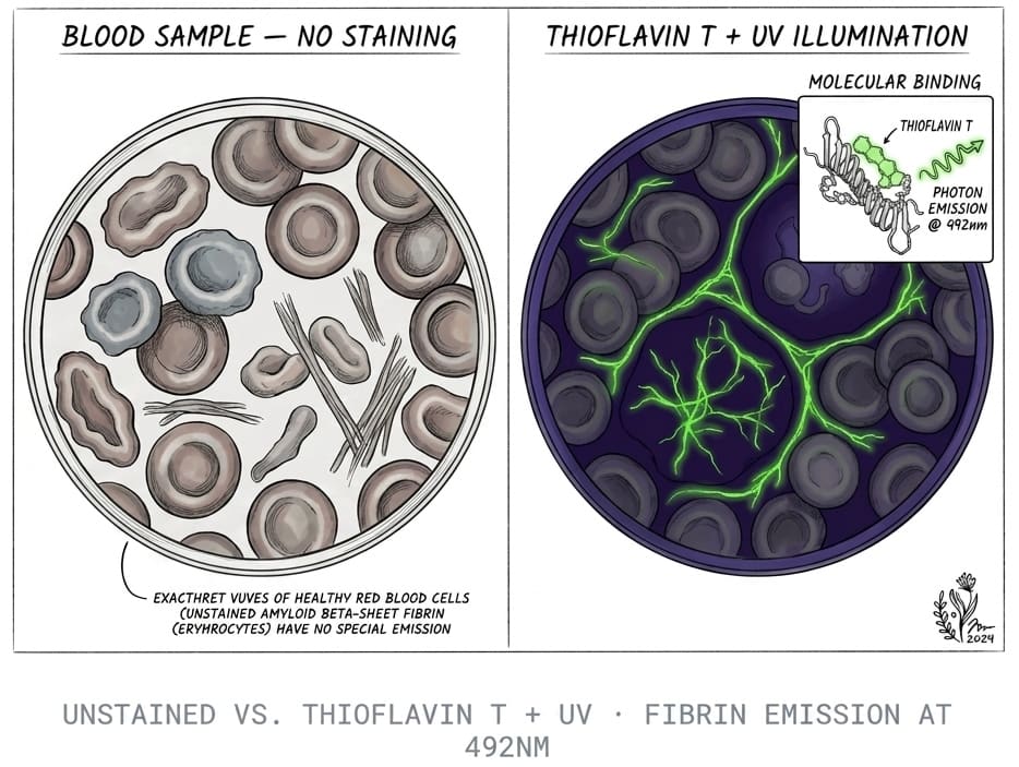 Side-by-side fluorescence microscopy fields of Thioflavin T stained plasma, used to compare microclot load between samples