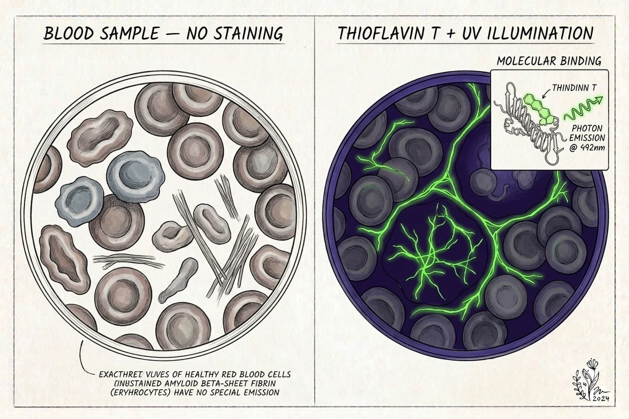 Illustration of Thioflavin T fluorescence, with amyloid fibrils glowing against a dark microscope background